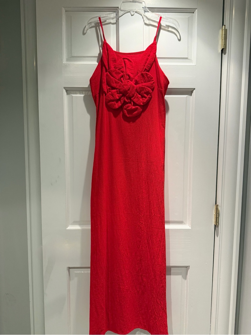 Red Spaghetti-Strap Maxi cotton Dress with Front Floral Knot